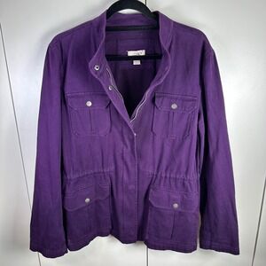 LOFT Womens L Purple Utility Jacket Button Zip Drawstring Waist Pockets Jewel